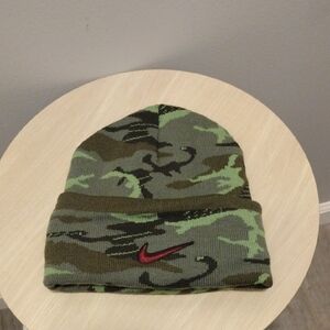 Nike Green Camo Beanie with Red Swoosh